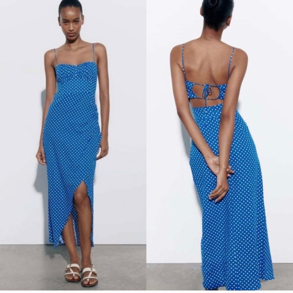 Zara NWT linen blend polka dot midi dress